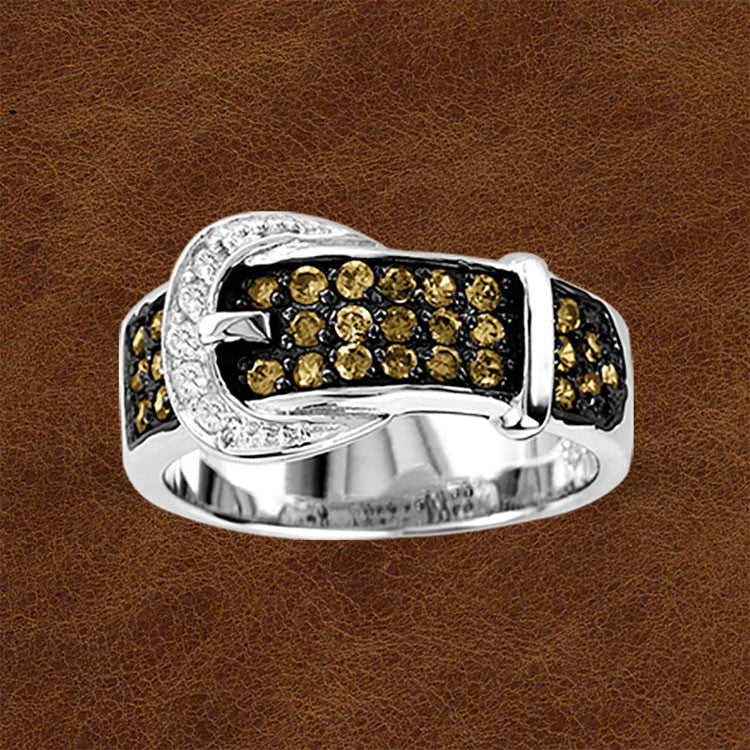 Kelly Herd® Jewelry Buckle Ring Chocolate and Clear Swarovski CZs in Sterling - Cox Ranch Supply