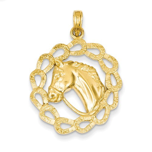 14K Solid Yellow Gold Horse Head & Lucky Horseshoe Pendant Necklace - Animal Lover Jewelry - View #11