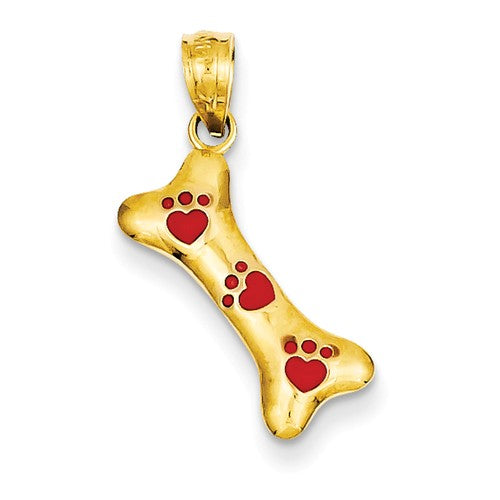 Dog Bone Pendant with Red Enamel Pawprints in 14K Yellow Gold - Cox Ranch Supply